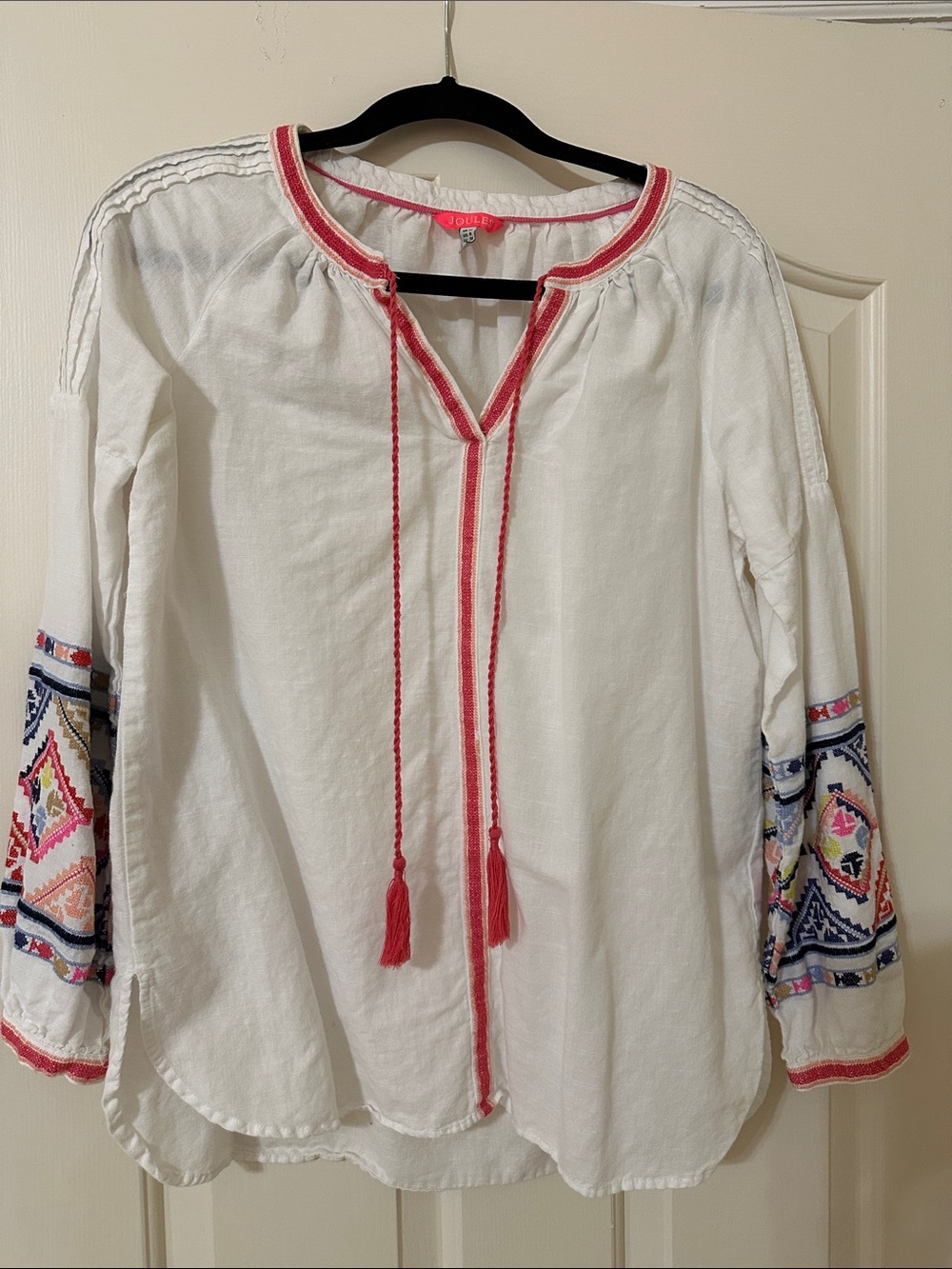 Joules White Embroidered Peasant Tunic with Pink Trim